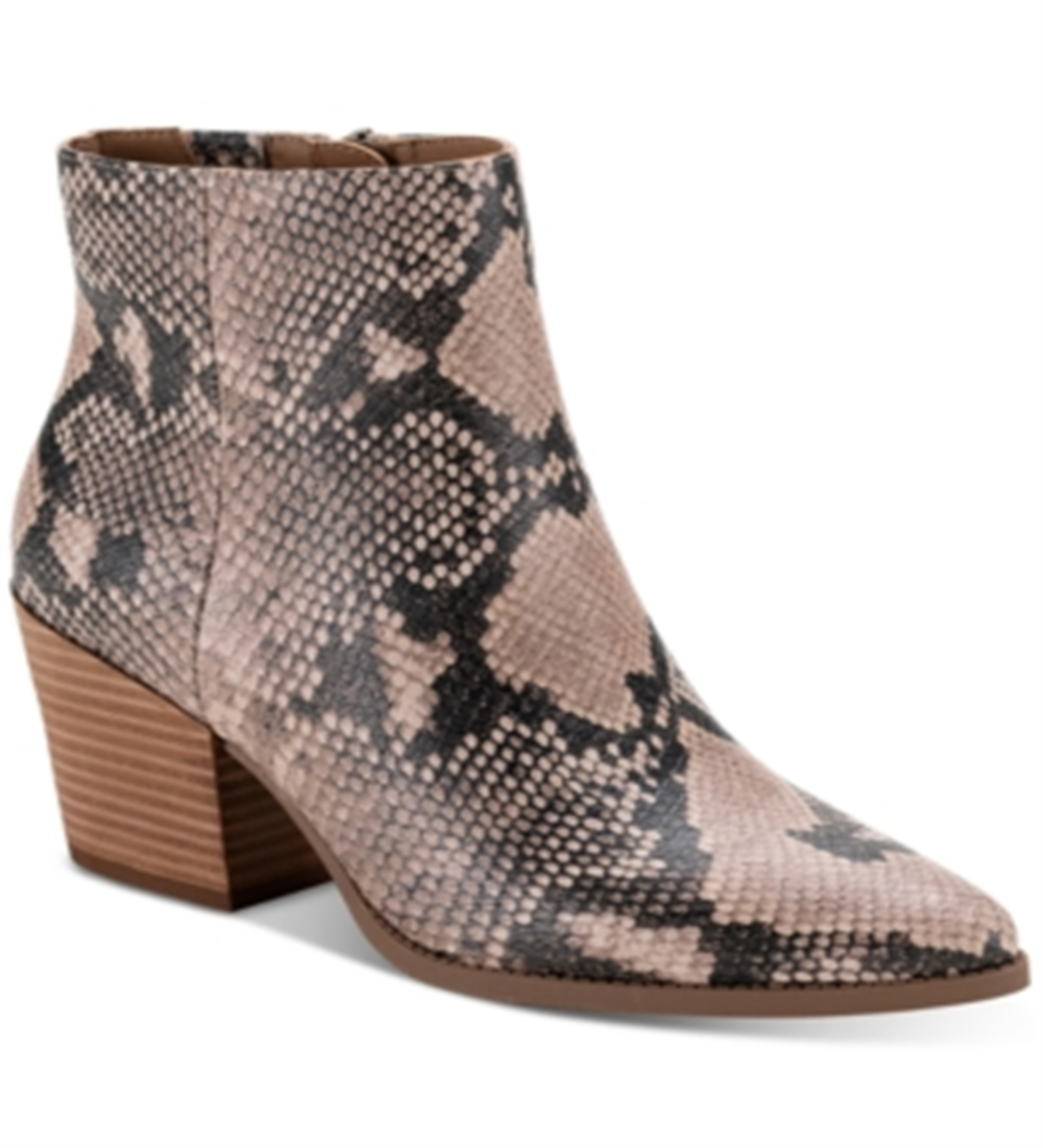 Bota feminina Sun Stone com estampa animal bege, bico fino, salto bloco e zíper, 8,5