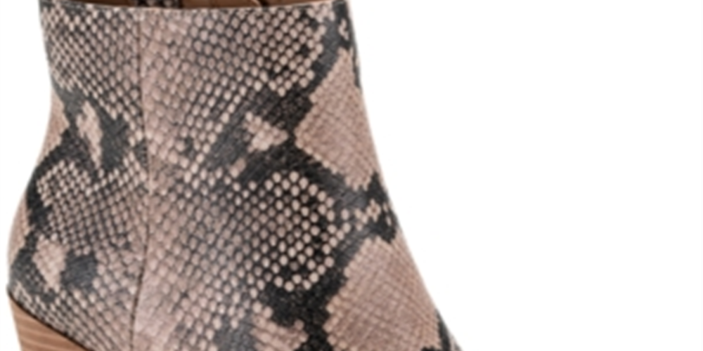 Bota feminina Sun Stone com estampa animal bege, bico fino, salto bloco e zíper, 8,5