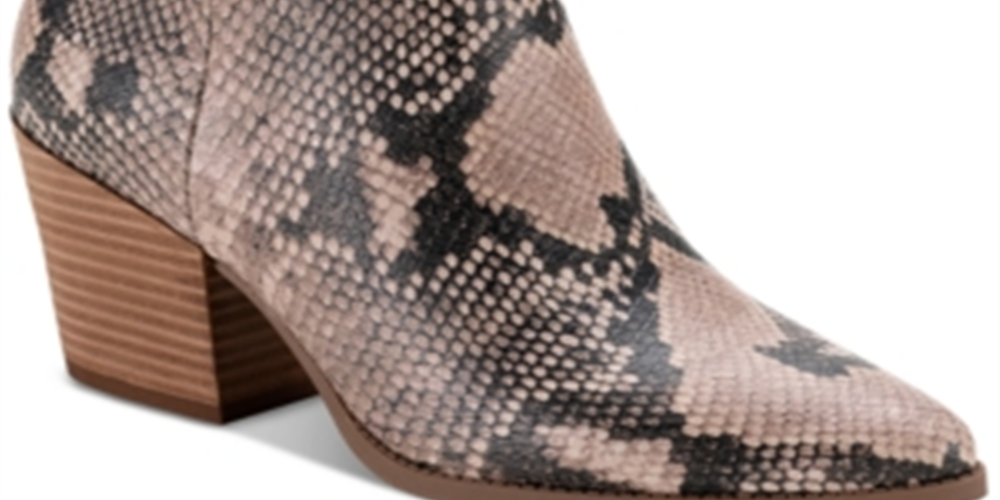 Bota feminina Sun Stone com estampa animal bege, bico fino, salto bloco e zíper, 8,5