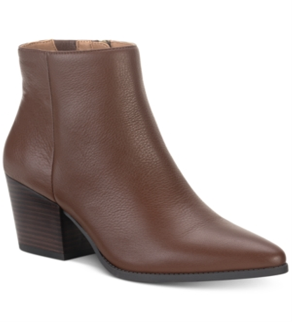 American Rag Botas femininas de couro marrom com amortecimento e conforto Eryn, bico fino, salto bloco e zíper, 6 m
