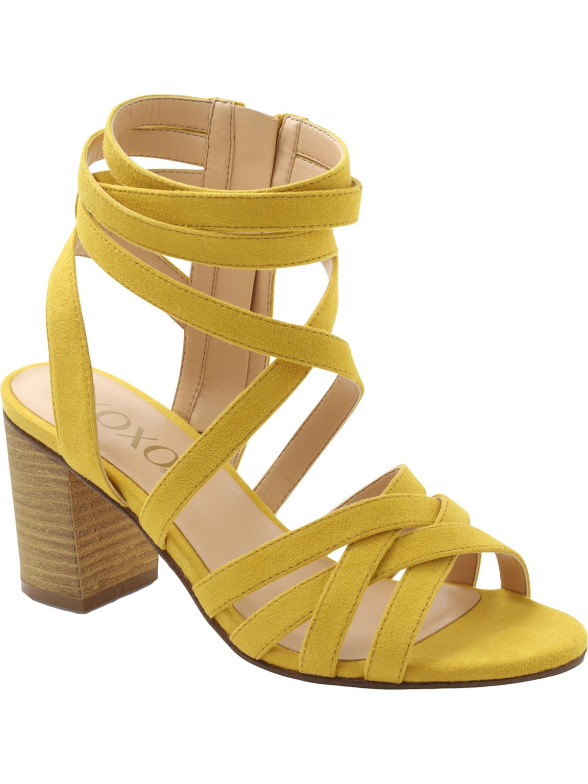 Sandálias femininas XOXO Eden com tiras, bico redondo, salto bloco, zíper, amarelas, tamanho 8