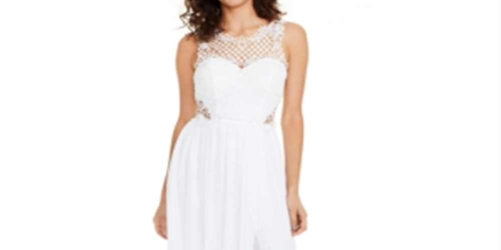 Vestido formal feminino City Studios, sem mangas, com zíper, bordado, decote ilusão, comprimento total, tamanho 7, branco