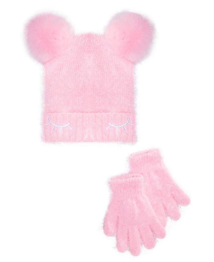 Conjunto de 2 peças de chapéu e luvas com pompons de pele sintética ABG Big Girl's, rosa, tamanho 7-14