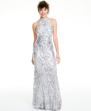B Darlin Women's Sequined Patterned Halter Full Length Party Mermaid Dress Gray Size 5\6