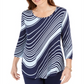 Camiseta feminina com estampa de redemoinho e manga 3/4 da coleção JM, azul, tamanho pequeno