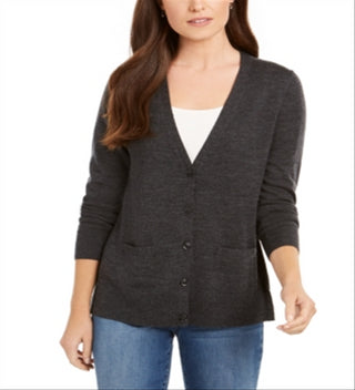 Cardigan feminino de lã merino com decote em V, cinza, tamanho pequeno