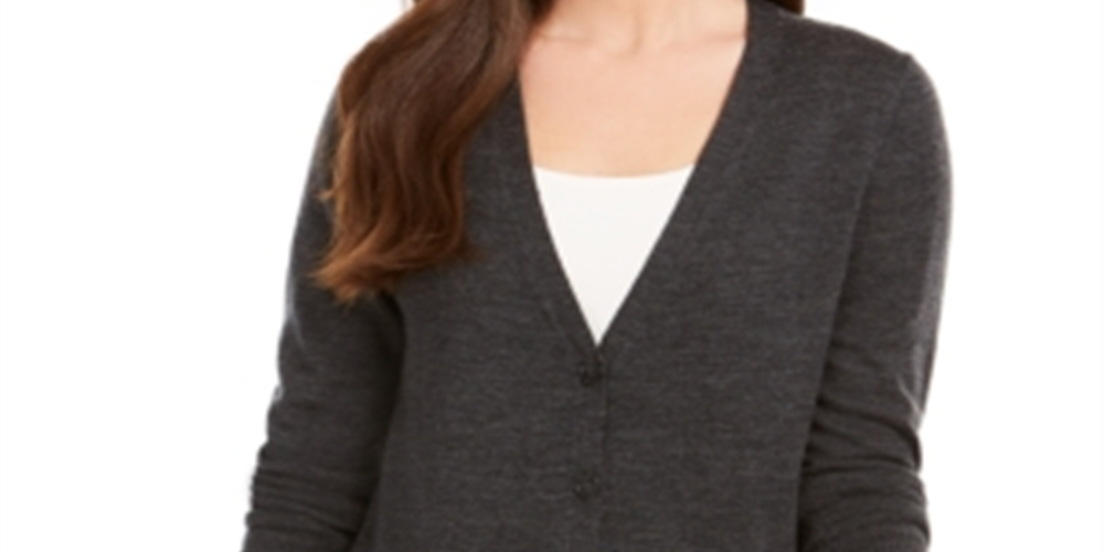 Cardigan feminino de lã merino com decote em V, cinza, tamanho pequeno