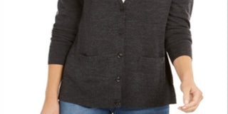 Cardigan feminino de lã merino com decote em V, cinza, tamanho pequeno