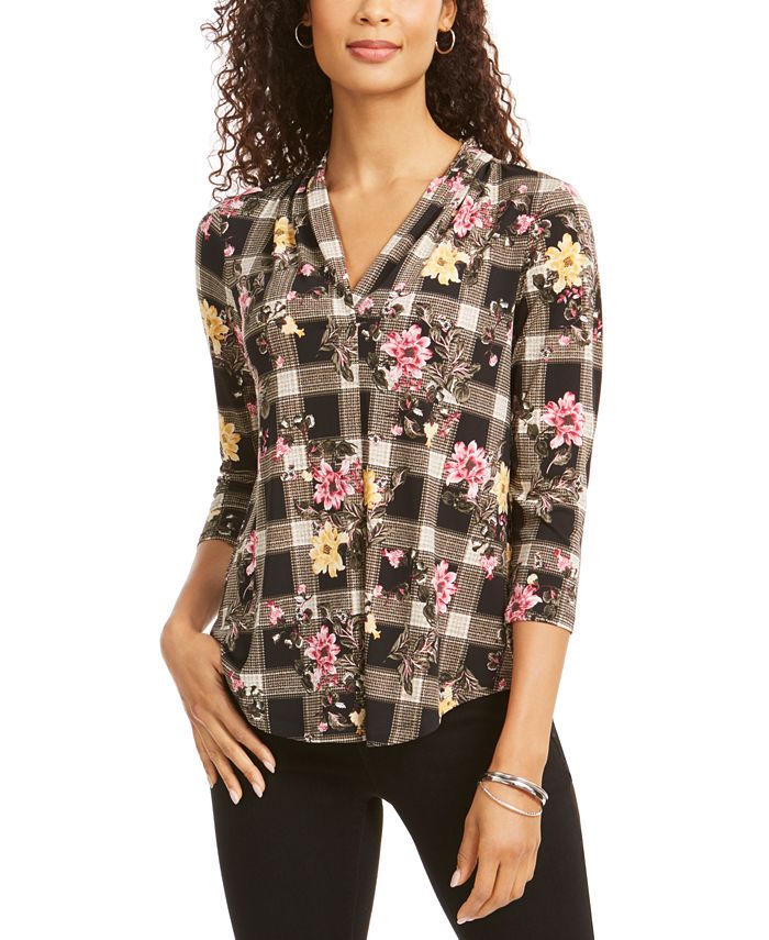 Blusa feminina com decote em V floral Charter Club, preta, tamanho pequeno