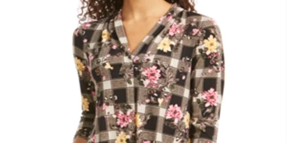 Blusa feminina com decote em V floral Charter Club, preta, tamanho pequeno
