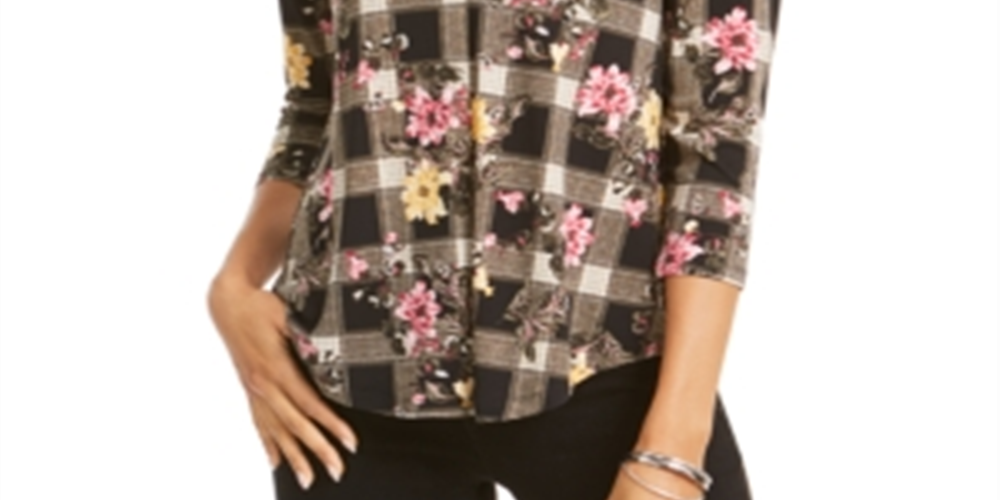 Blusa feminina com decote em V floral Charter Club, preta, tamanho pequeno
