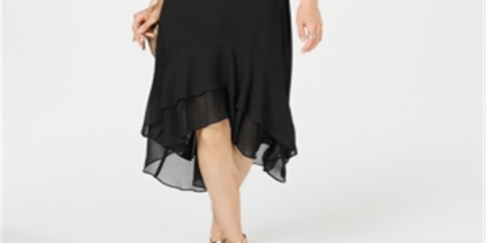 Vestido de festa midi com alças finas e bainha, preto, tamanho 4, da INC International Concepts