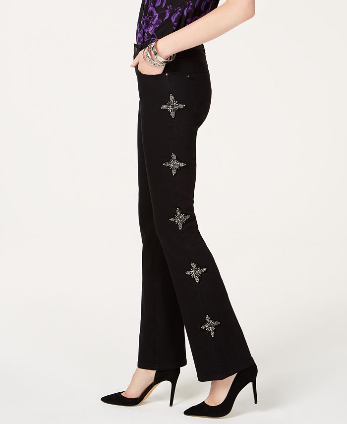 Calça jeans feminina bootcut com strass da INC International Concepts, preta, tamanho 4