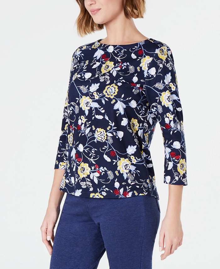 Charter Club Blusa feminina de algodão estampado com decote canoa, azul, tamanho 2XL