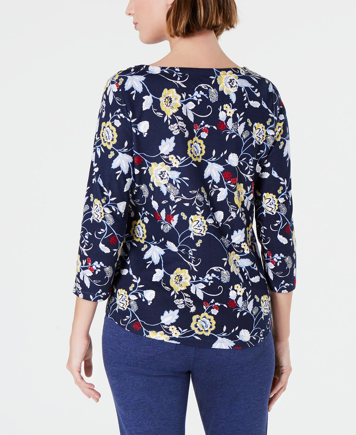 Charter Club Blusa feminina de algodão estampado com decote canoa, azul, tamanho 2XL