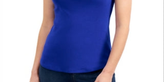 Regata feminina Charter Club Supima Cotton com decote redondo, azul, tamanho médio