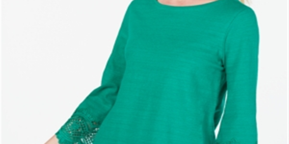 Top feminino Charter Club com acabamento em renda de algodão, verde, tamanho pequeno e pequeno