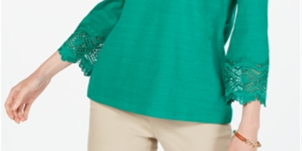 Top feminino Charter Club com acabamento em renda de algodão, verde, tamanho pequeno e pequeno