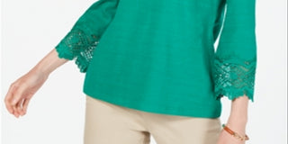 Top feminino Charter Club com acabamento em renda de algodão, verde, tamanho pequeno e pequeno