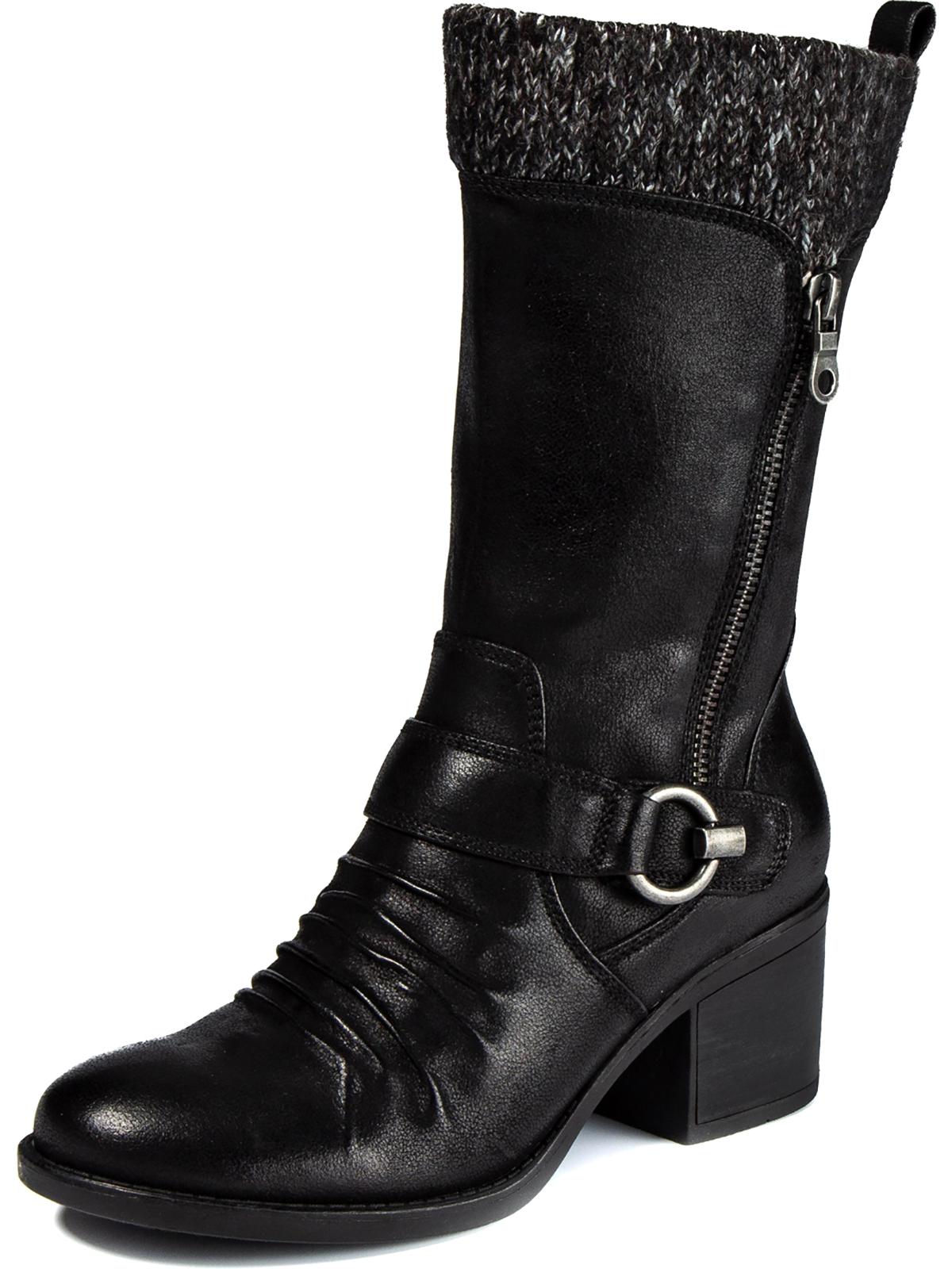 Botas Baretraps femininas com zíper acolchoado, gola com fivela franzida, bico redondo, salto bloco, zíper, tamanho 6 M