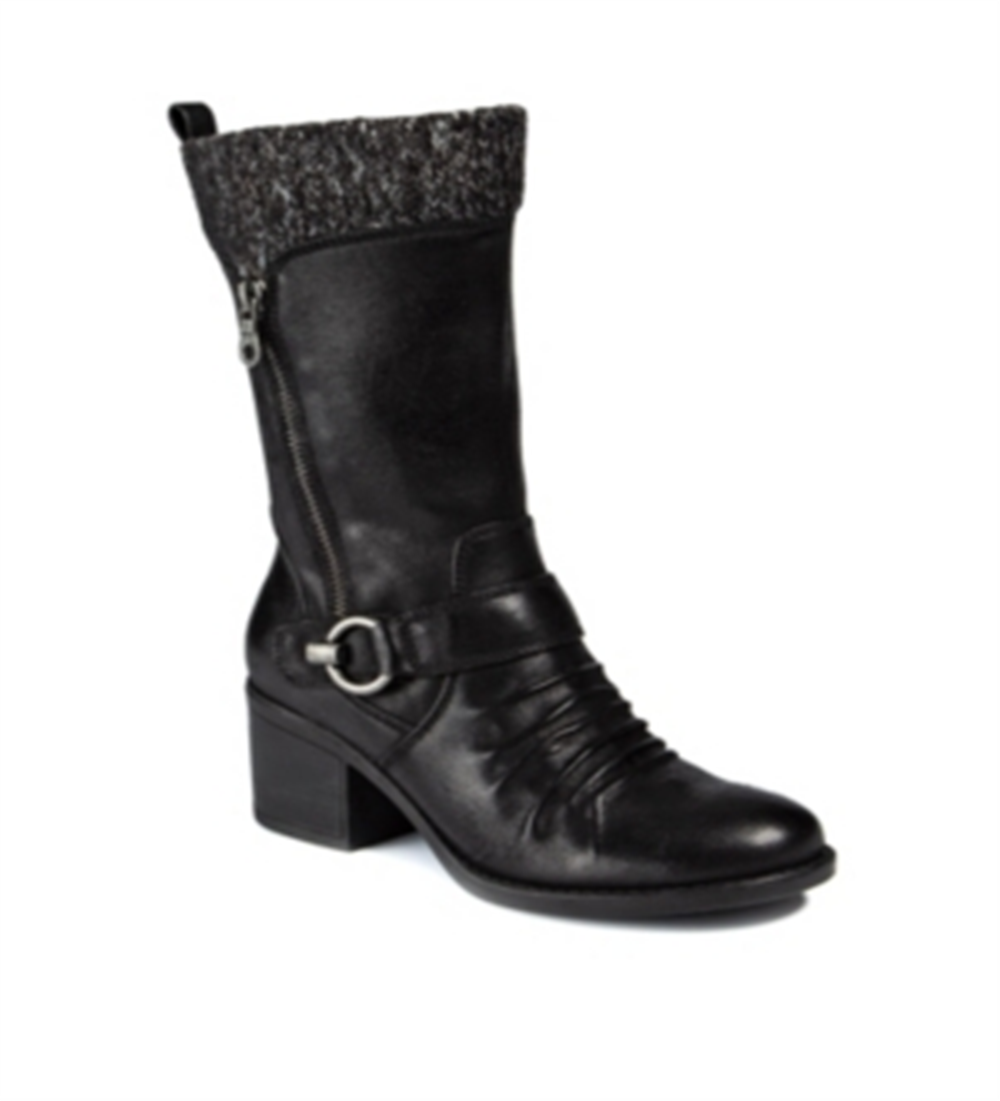 Botas Baretraps femininas com zíper acolchoado, gola com fivela franzida, bico redondo, salto bloco, zíper, tamanho 6 M