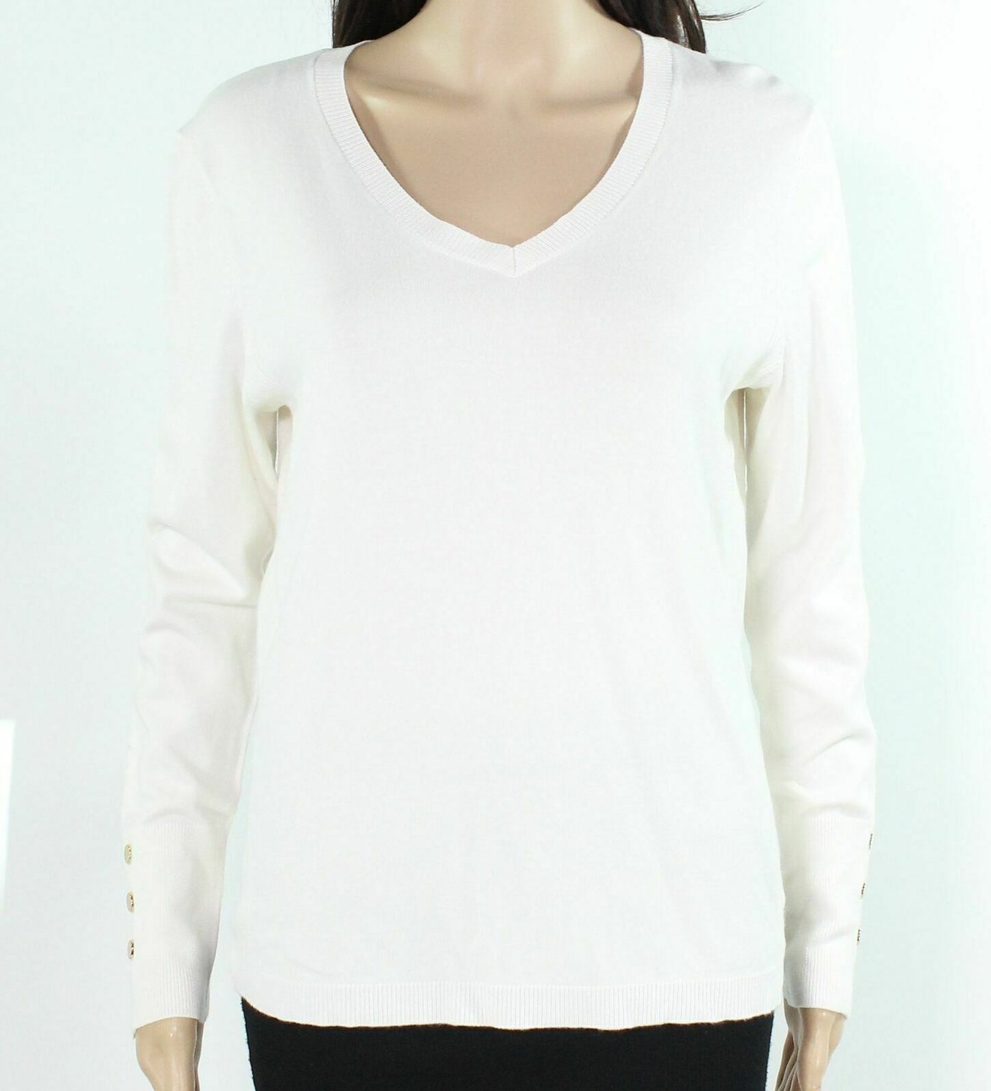 JM Collection Suéter Feminino com Punhos e Botões e Gola V, Branco, Tamanho Pequeno