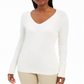 JM Collection Suéter Feminino com Punhos e Botões e Gola V, Branco, Tamanho Pequeno