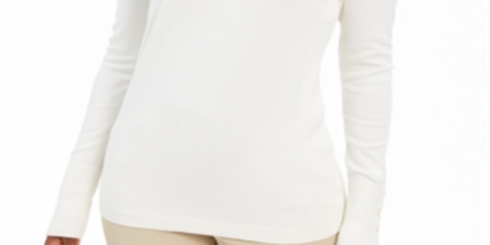 JM Collection Suéter Feminino com Punhos e Botões e Gola V, Branco, Tamanho Pequeno