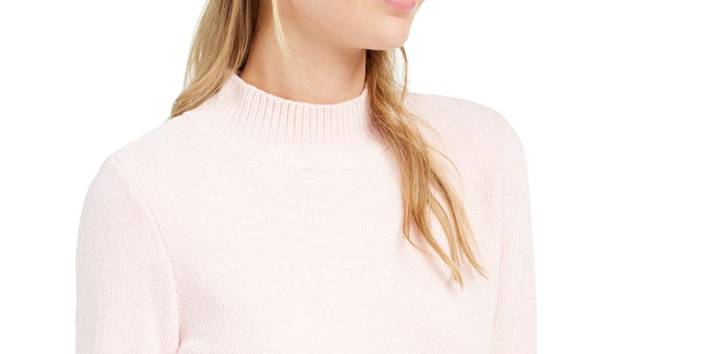 Suéter feminino Maison Jules com gola alta e acabamento canelado metálico, rosa, tamanho extrapequeno