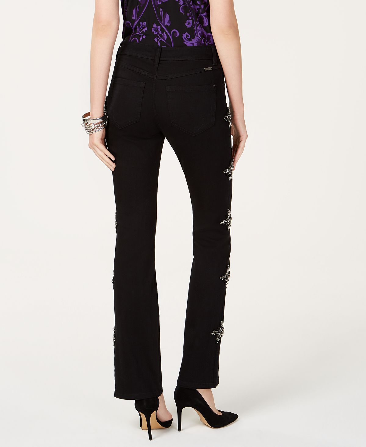 Calça jeans feminina bootcut com strass da INC International Concepts, preta, tamanho 0