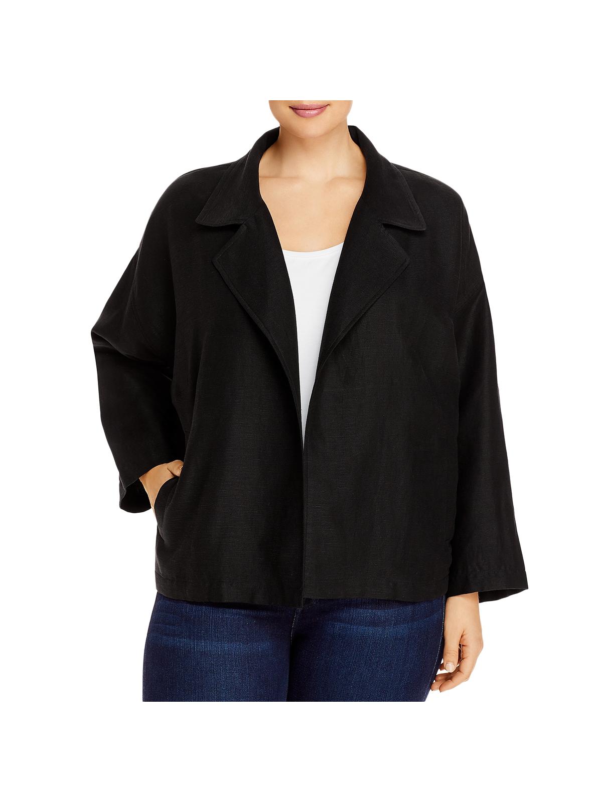 Blazer feminino Eileen Fisher preto com bolsos, manga comprida, frente aberta, para usar no trabalho, plus 1X