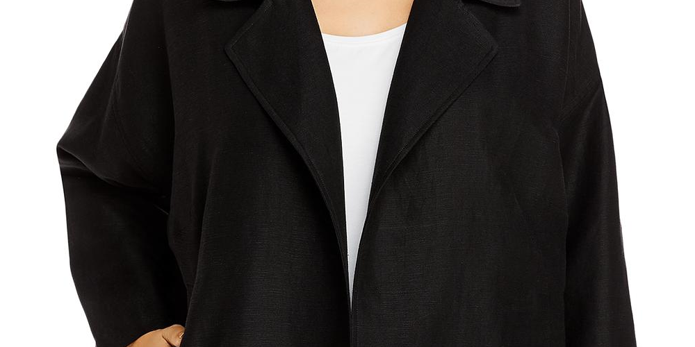 Blazer feminino Eileen Fisher preto com bolsos, manga comprida, frente aberta, para usar no trabalho, plus 1X