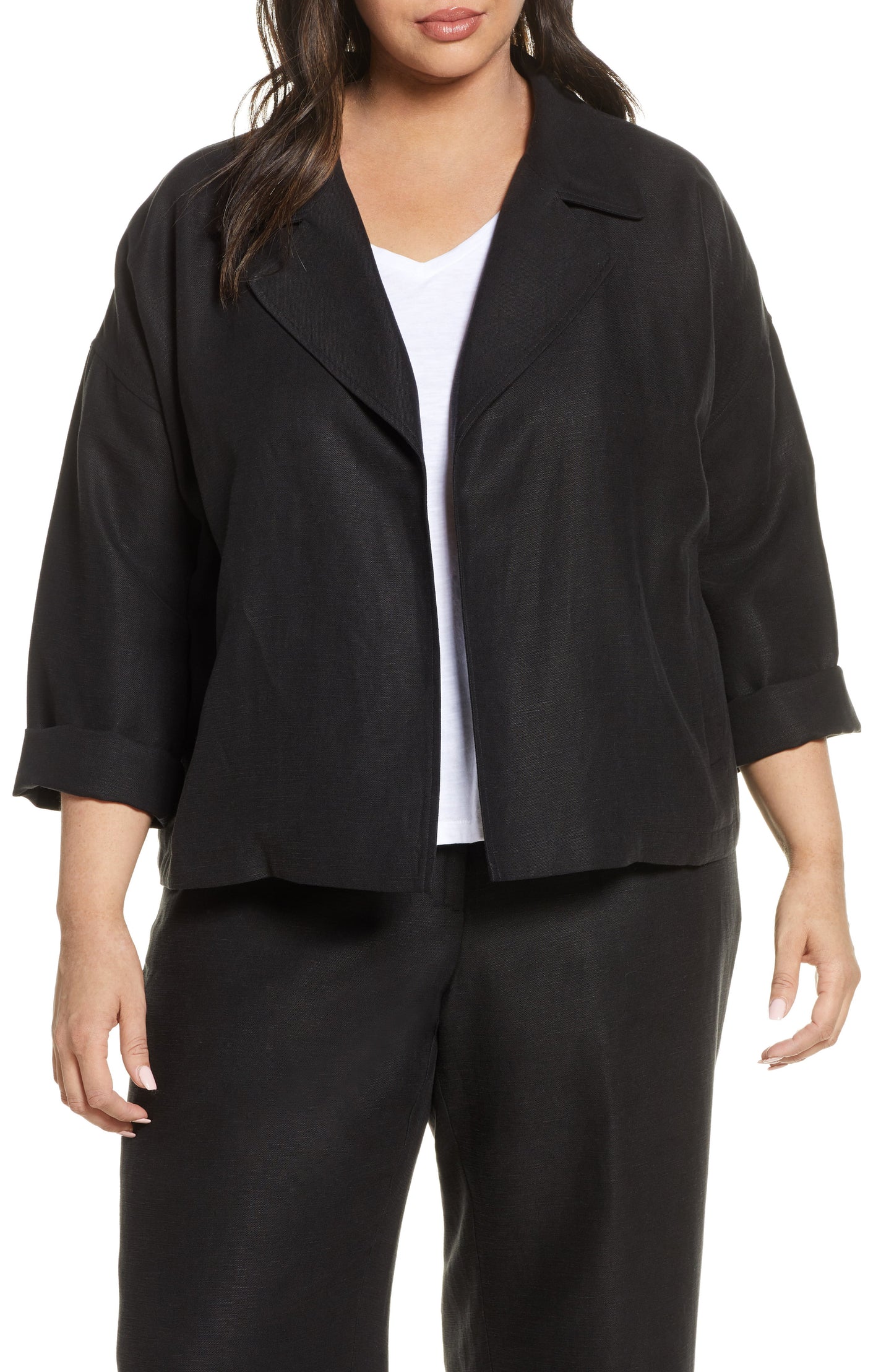Blazer feminino Eileen Fisher preto com bolsos, manga comprida, frente aberta, para usar no trabalho, plus 1X