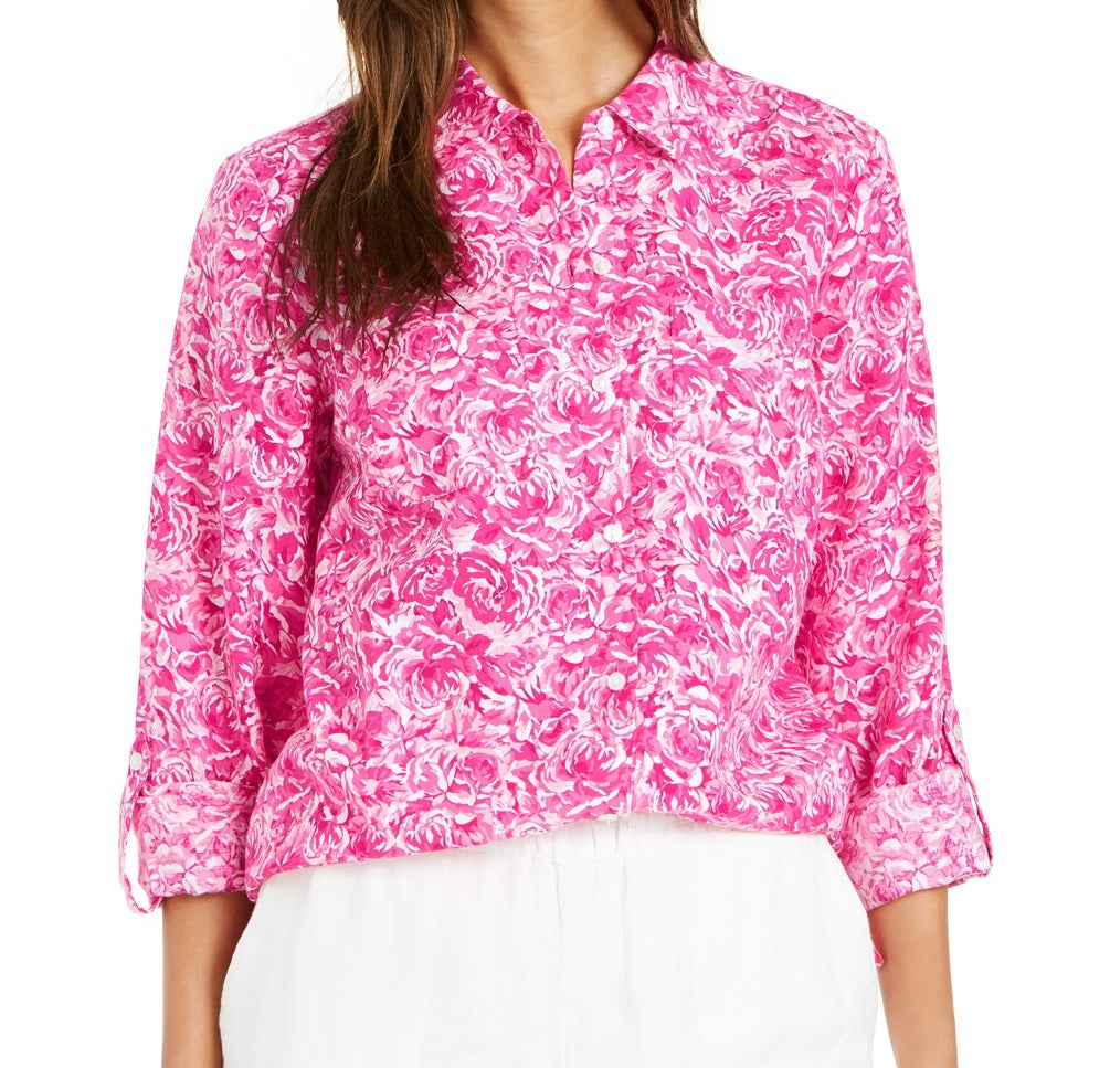 Blusa estampada de linho feminina Charter Club, rosa, tamanho médio