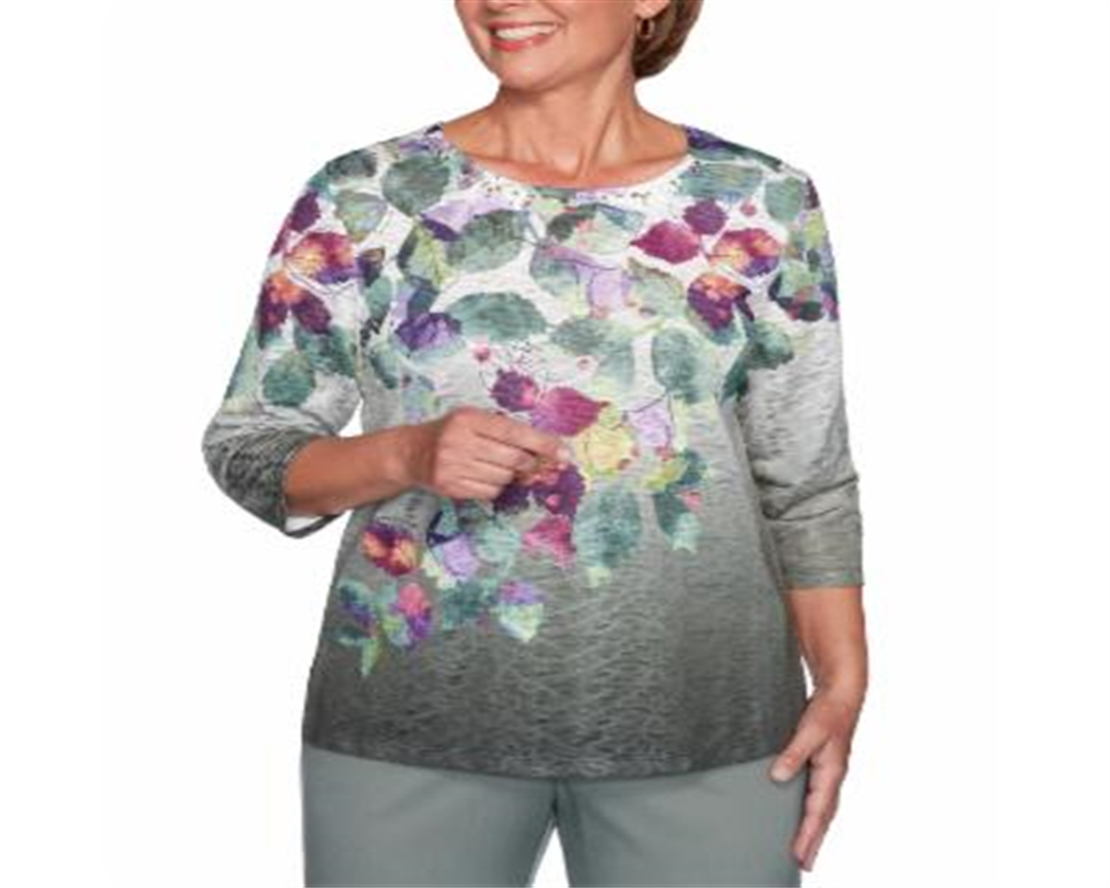 Camiseta feminina Alfred Dunner Loire Valley Falling Leaves, cinza, tamanho pequeno médio