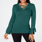 Top feminino com decote em V e acabamento em ilhós JM Collection, verde, tamanho grande