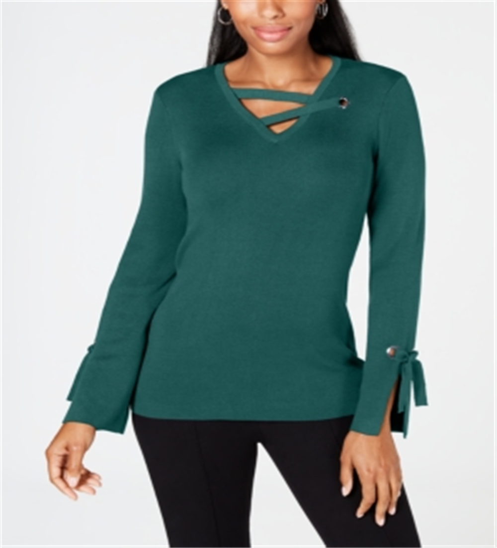 Top feminino com decote em V e acabamento em ilhós JM Collection, verde, tamanho grande