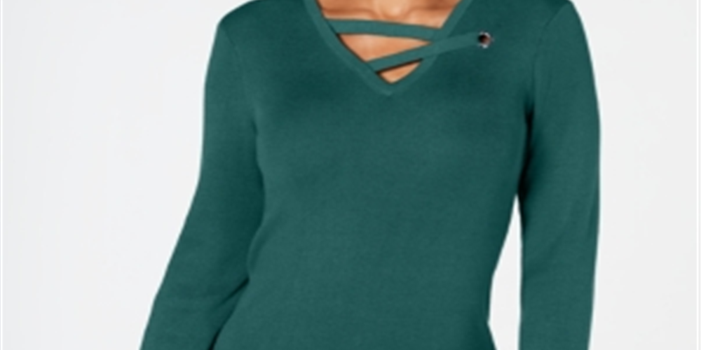 Top feminino com decote em V e acabamento em ilhós JM Collection, verde, tamanho grande