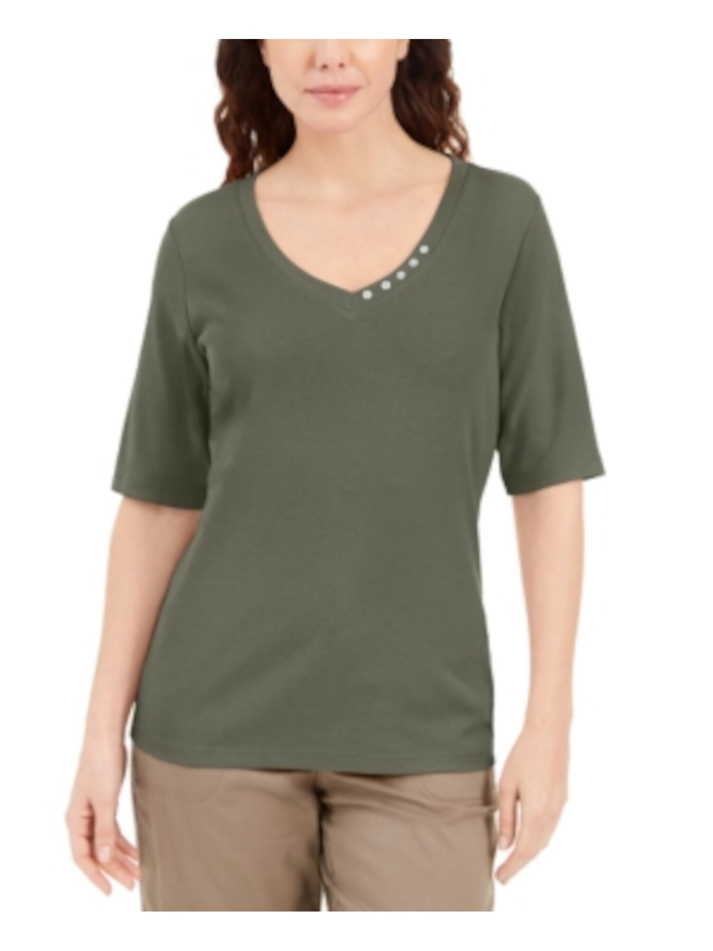 Camiseta feminina Karen Scott com decote em V, verde, tamanho pequeno