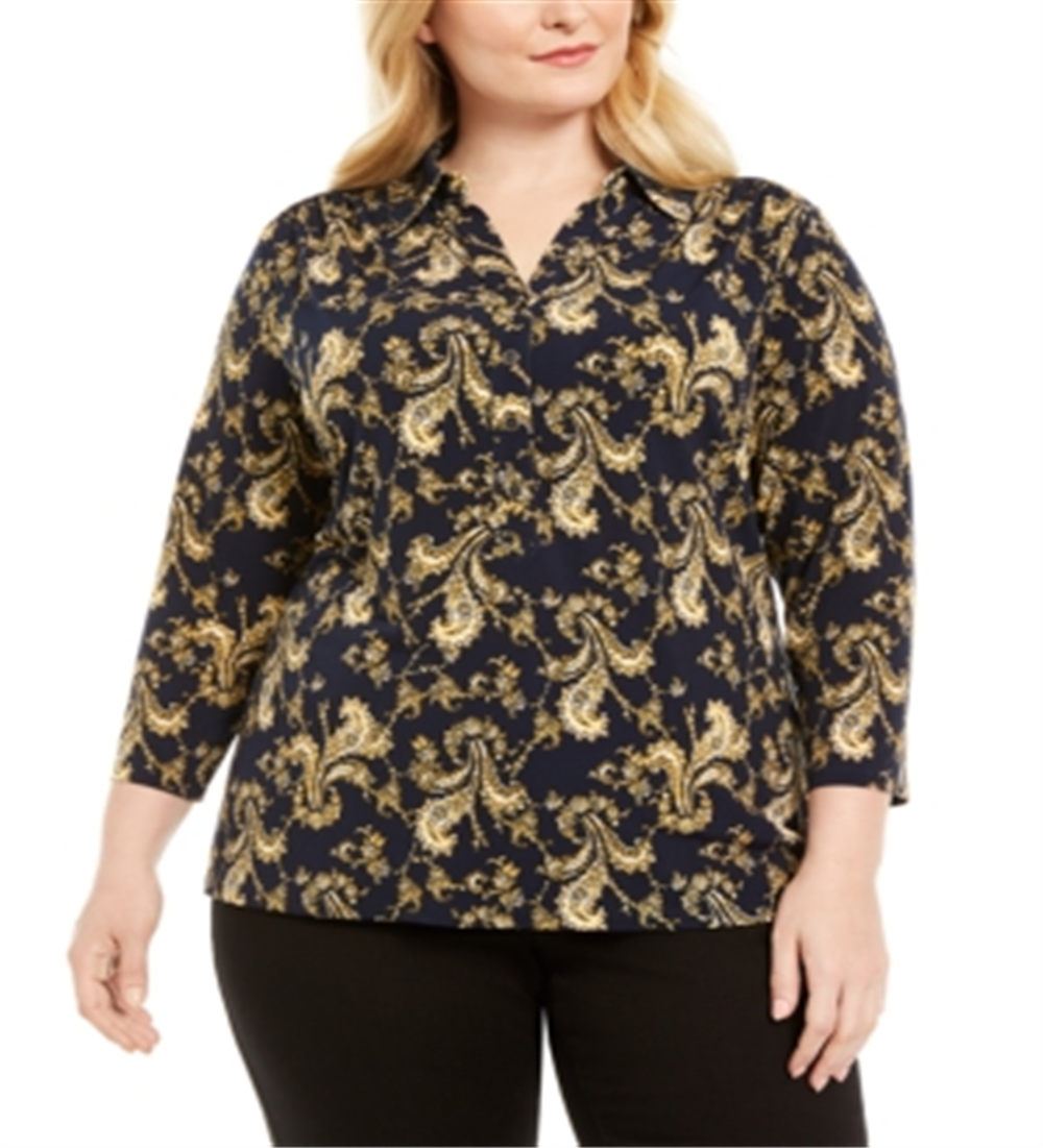 Camisa polo feminina Charter Club Plus Paisley estilo azul tamanho 2X