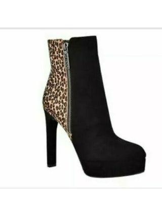 Botas femininas Guss com salto agulha e estampa animal, plataforma 1, bico fino, zíper, pretas, tamanho 8,5 M