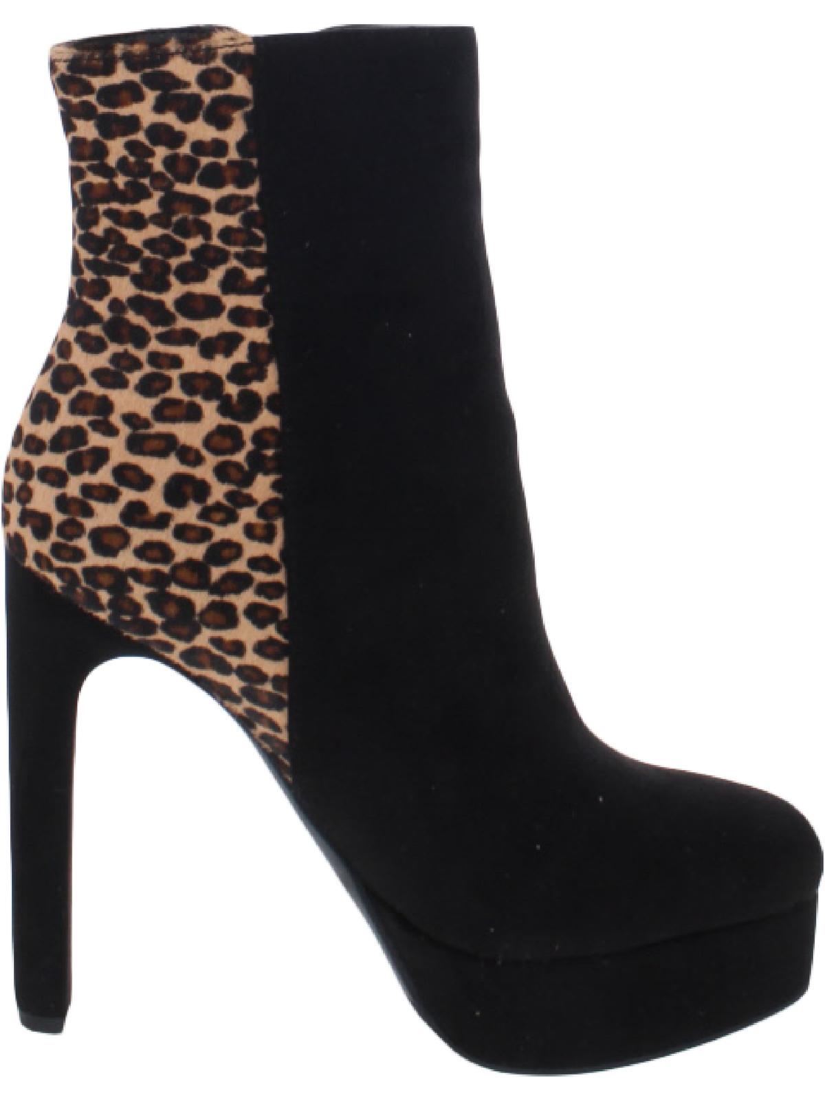Botas femininas Guss com salto agulha e estampa animal, plataforma 1, bico fino, zíper, pretas, tamanho 8,5 M
