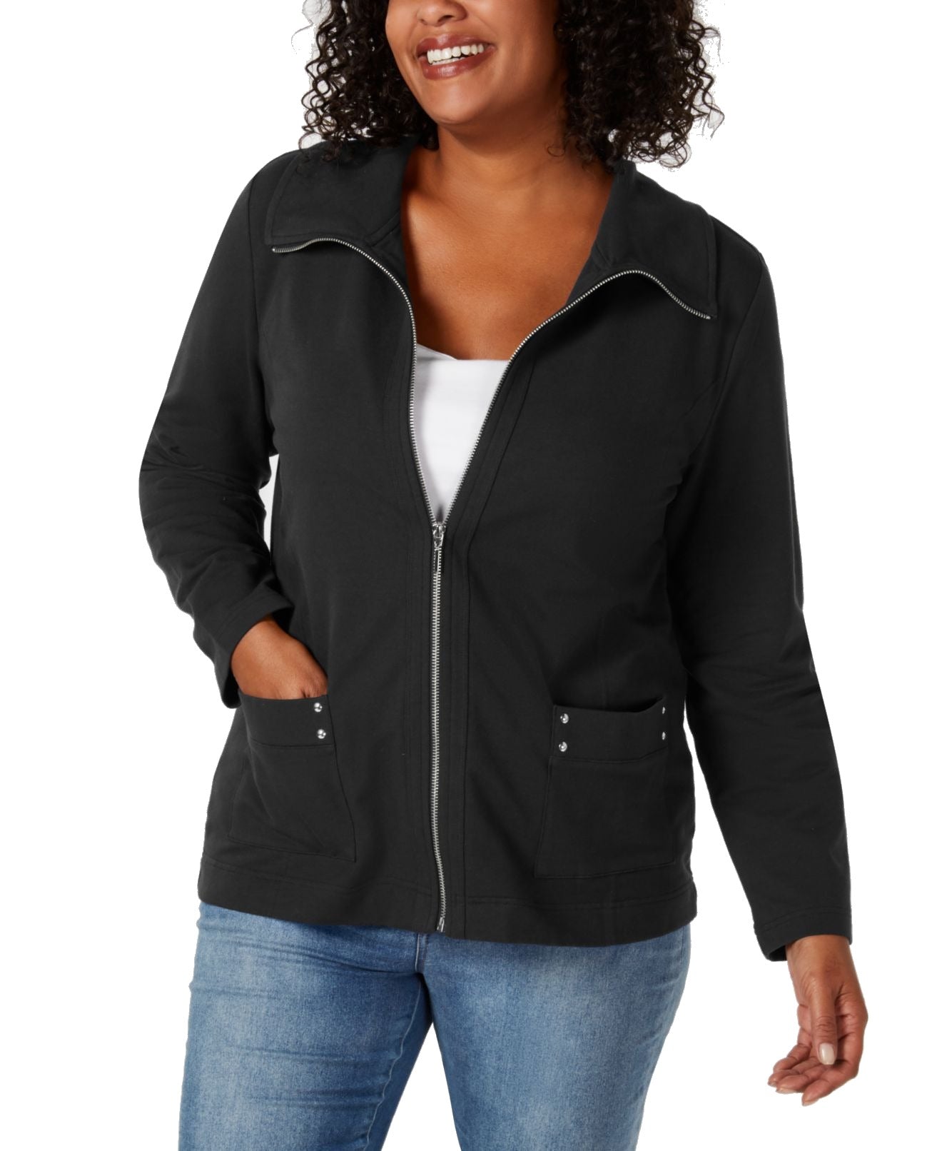 Jaqueta feminina Karen Scott Plus Casual de malha com zíper frontal, preta, tamanho 1X