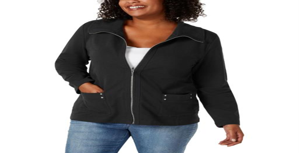 Jaqueta feminina Karen Scott Plus Casual de malha com zíper frontal, preta, tamanho 1X
