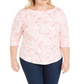 Camiseta feminina de algodão estampada com manga 3/4 Charter Club, rosa, tamanho 2X