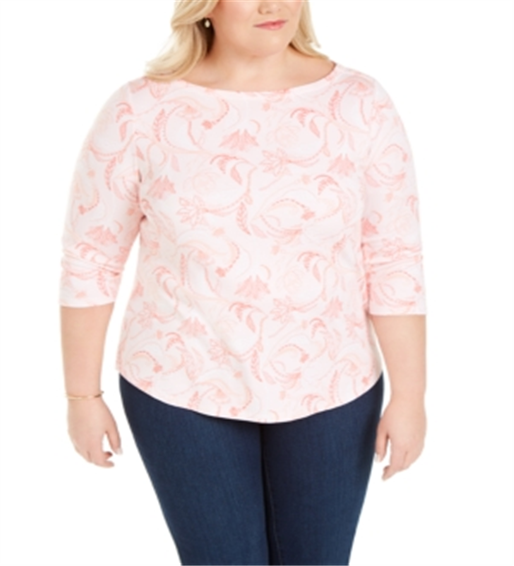 Camiseta feminina de algodão estampada com manga 3/4 Charter Club, rosa, tamanho 2X