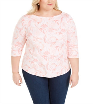 Camiseta feminina de algodão estampada com manga 3/4 Charter Club, rosa, tamanho 2X