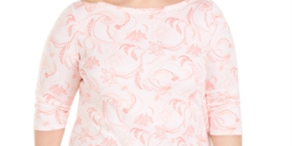 Camiseta feminina de algodão estampada com manga 3/4 Charter Club, rosa, tamanho 2X