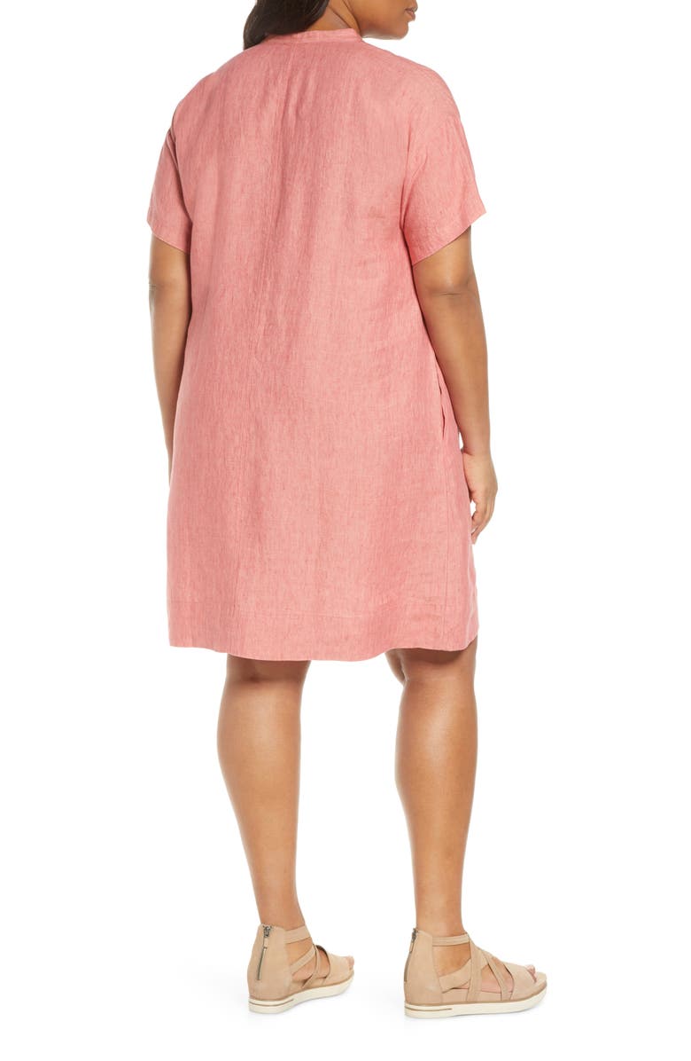 Vestido Eileen Fisher Plus de linho orgânico com gola mandarim, rosa, tamanho 2X