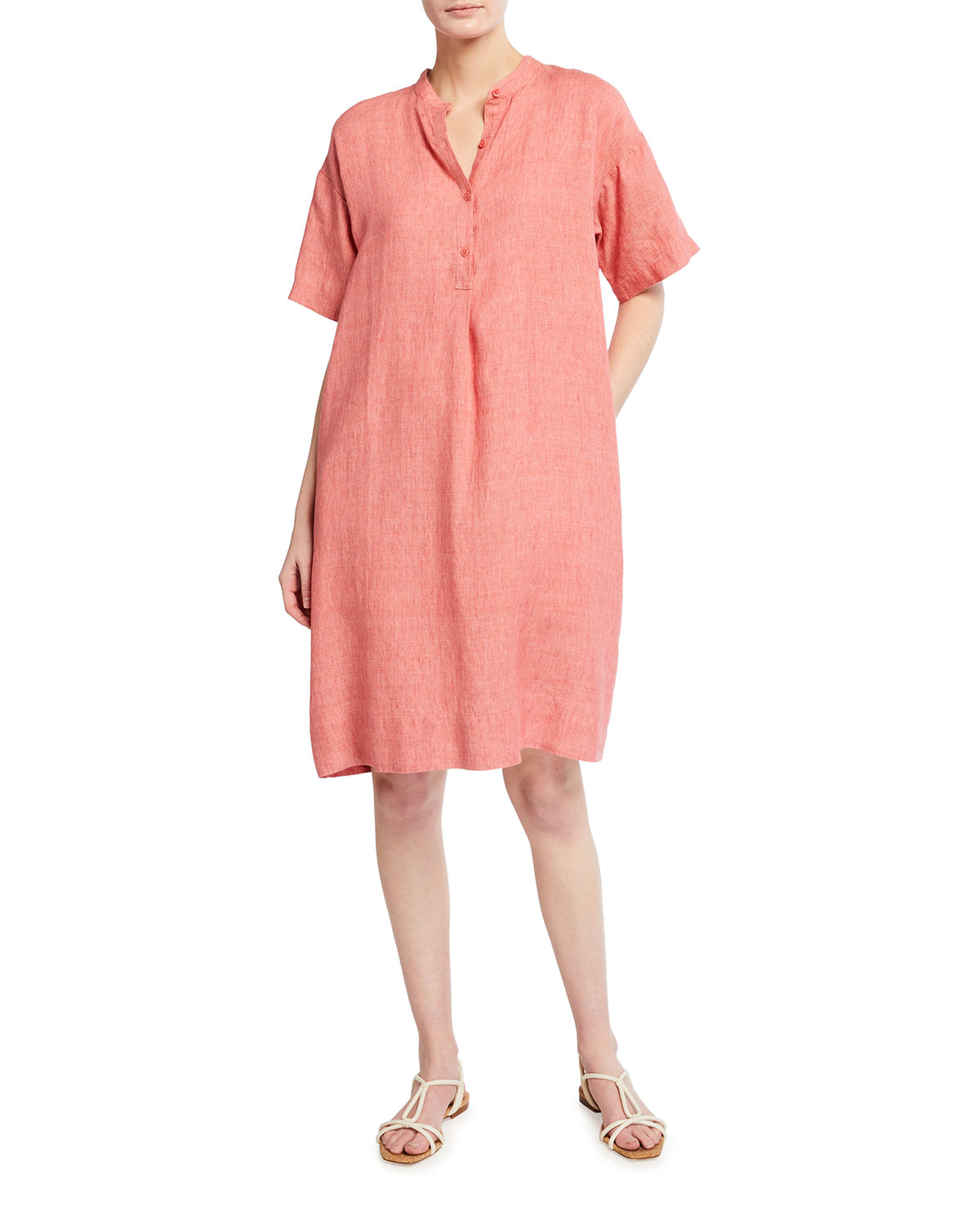 Vestido Eileen Fisher Plus de linho orgânico com gola mandarim, rosa, tamanho 2X